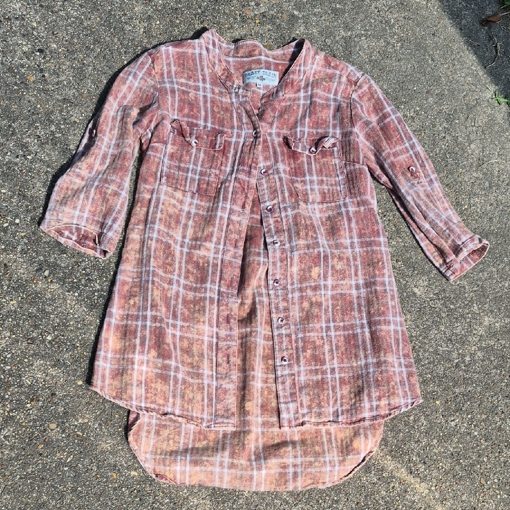 Crazy Train Women Pink Dolly Plaid Rustic Botton Front Tunic Top Size M  Box1